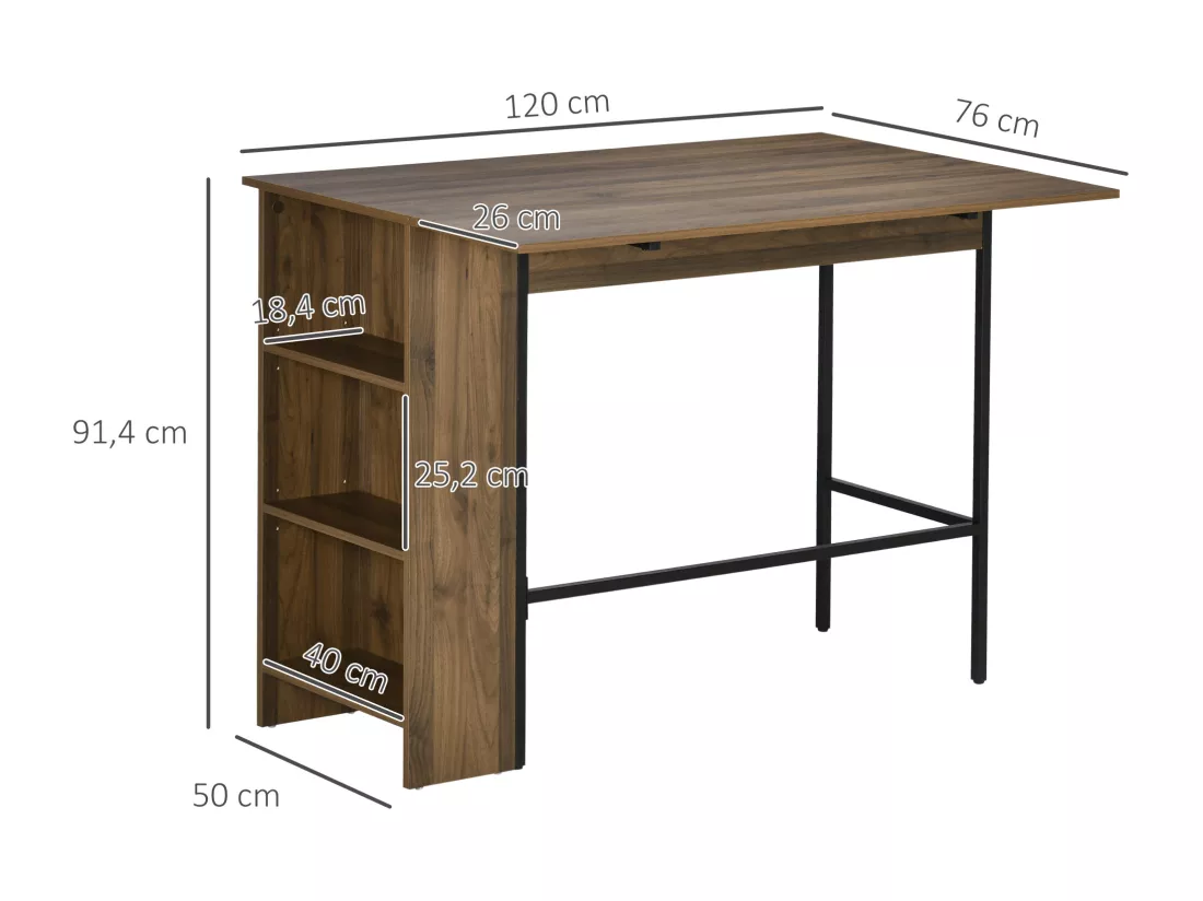 Table de bar extensible design industriel - 3 étagères intégrées - châssis métal noir aspect bois de noyer