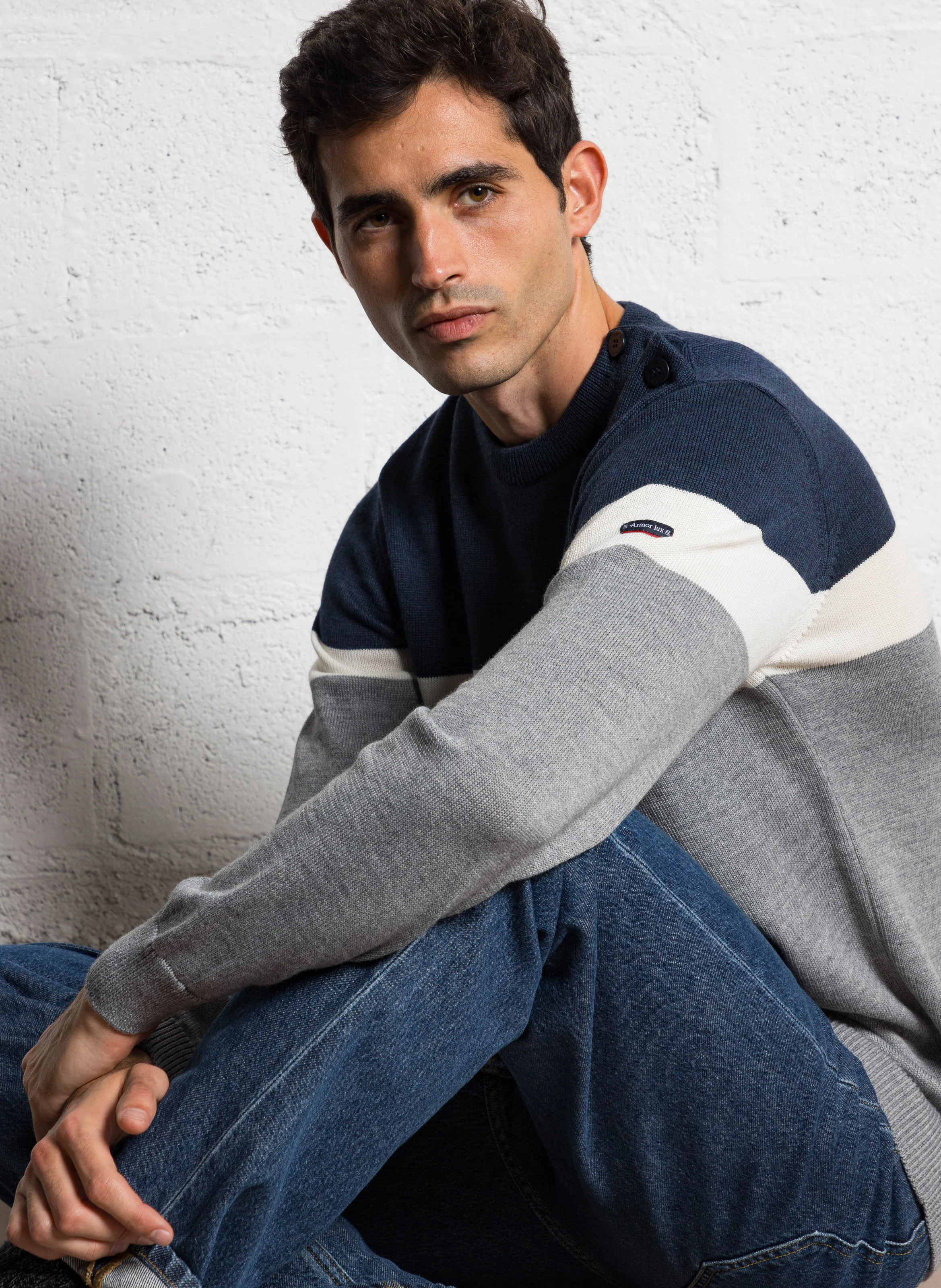 Pull col rond regular boutonné en laine mélangée | Multicolore