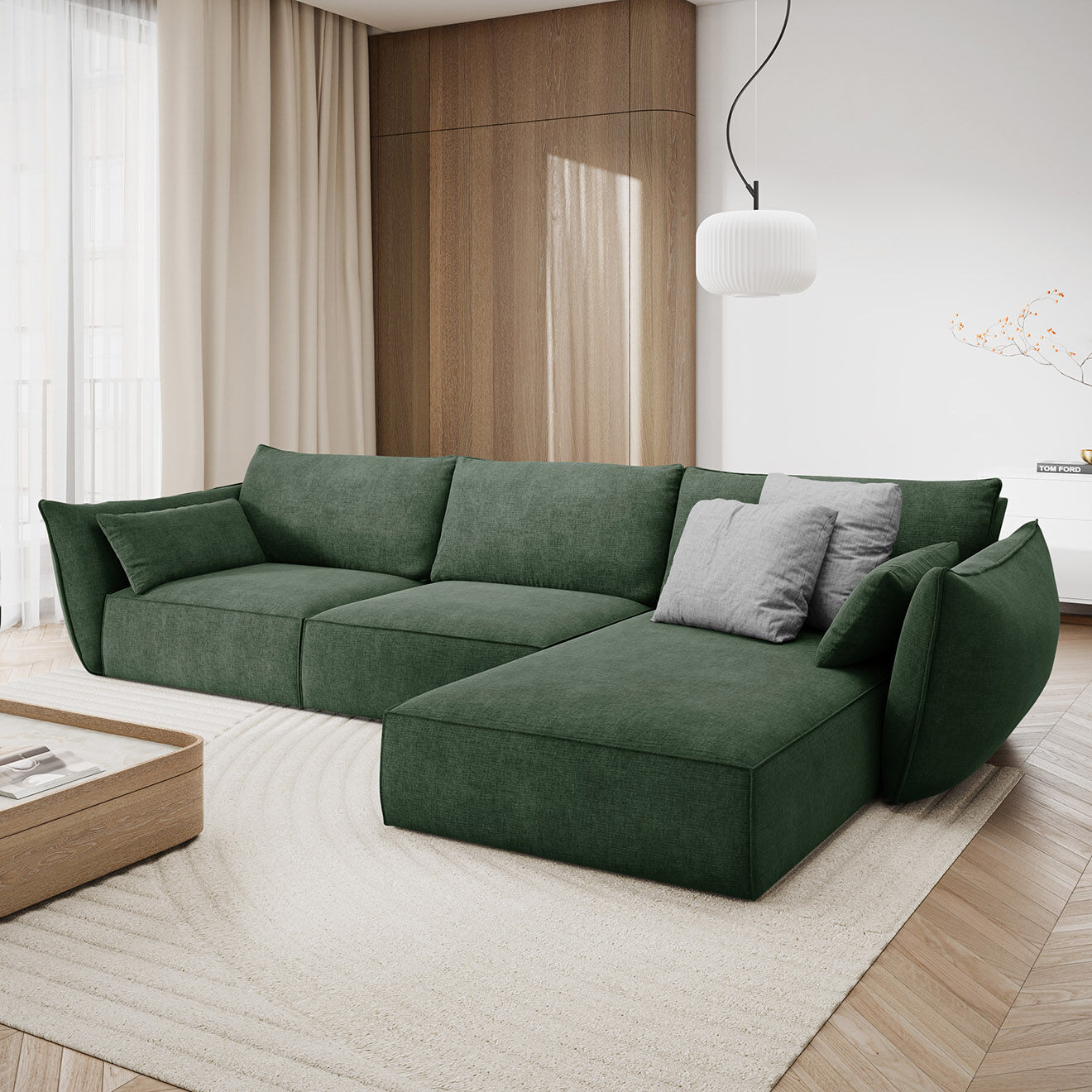 Mazzini Sofas Canapé D'Angle Droit Vanda 5 Places 2 vert bouteille - 208x166x85 cm
