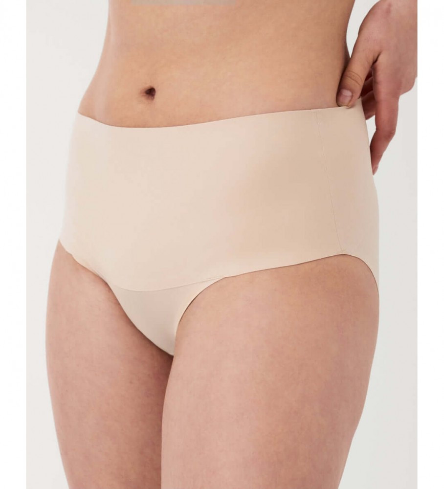 Calcinha modeladora sem costura de cintura alta SPANX na cor nude.