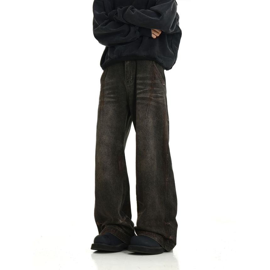 Meiksip - Mid Rise Washed Straight Leg Jeans