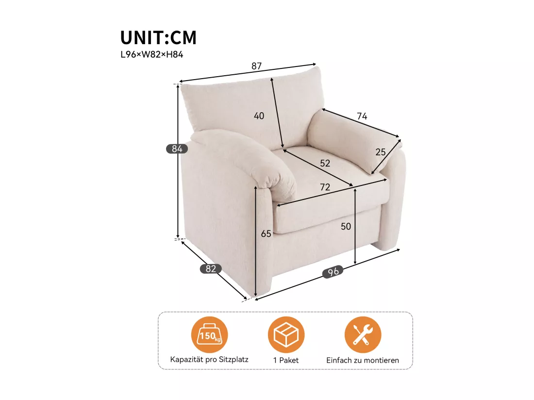 Sofa de Salon Moderne en Tissu Chenille, Fauteuil Confortable avec Accoudoirs, Grand Siège Décoratif, Fauteuil de Loisirs pour Salon et Chambre