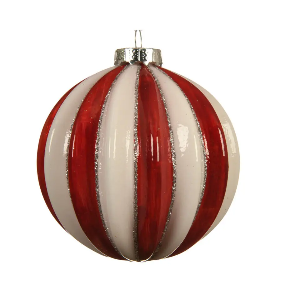 Decoris Luxe kerstballen - 3x - rood/wit gestreept -D8 cm - glas