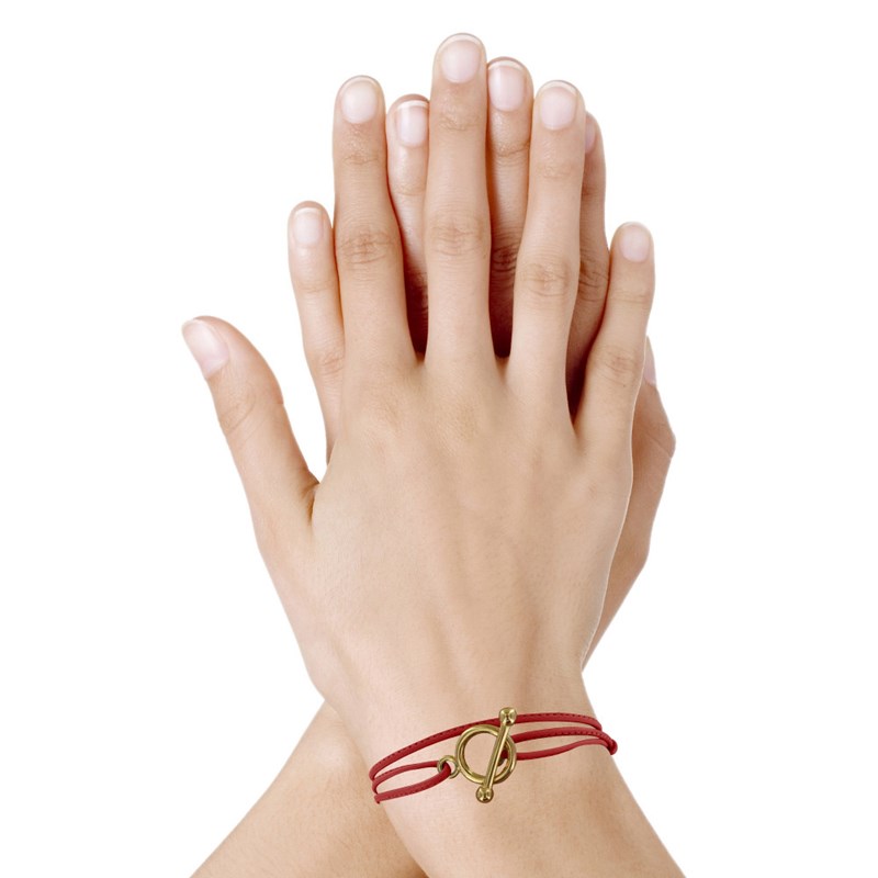 Bracelet Double Tour Plaqué Or Fermoir T et Lien en Cuir Coulissant - Rouge