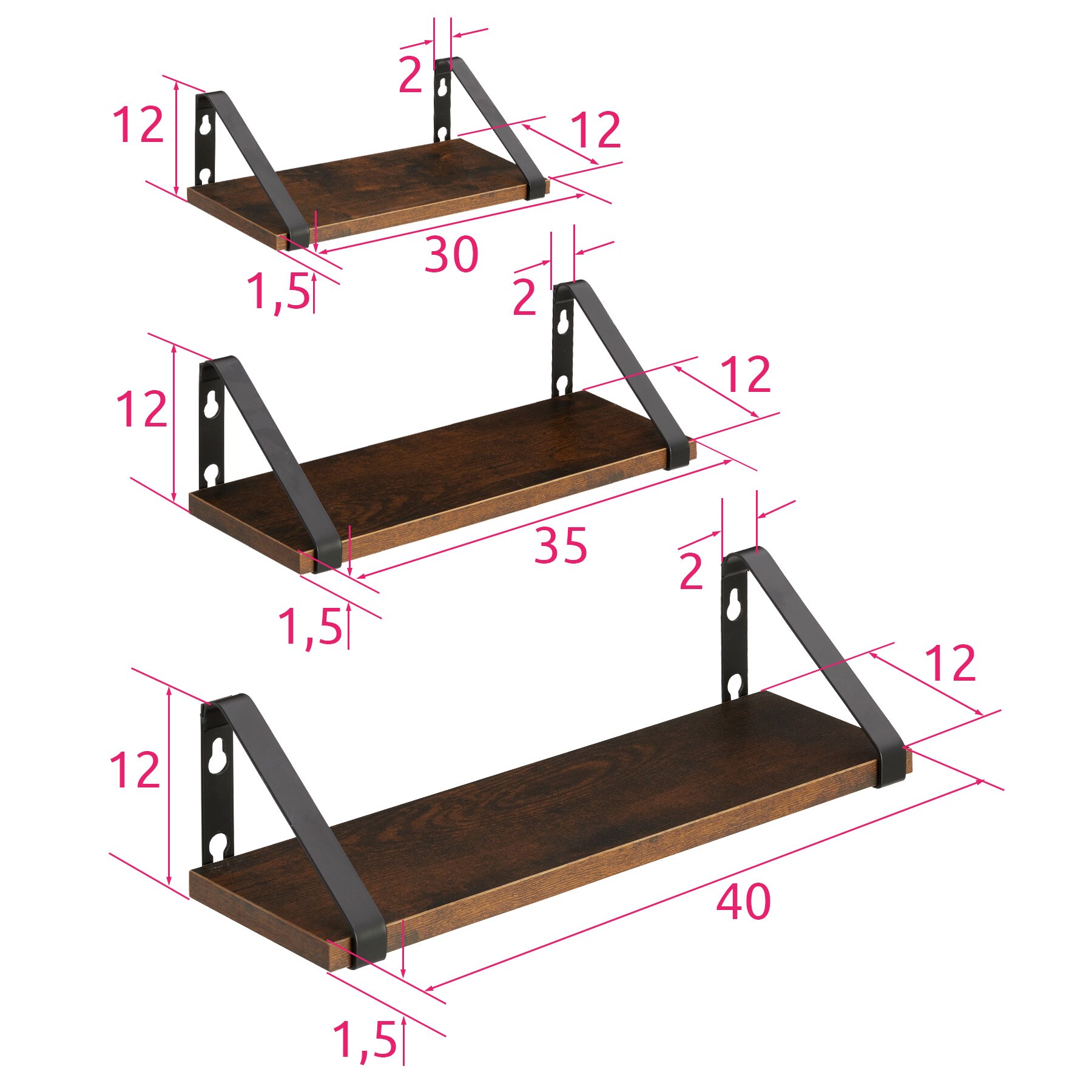 tectake® 3er Set Wandregal, Industrial Style, Belastbarkeit je Regal 15 kg, Höhe 12 cm