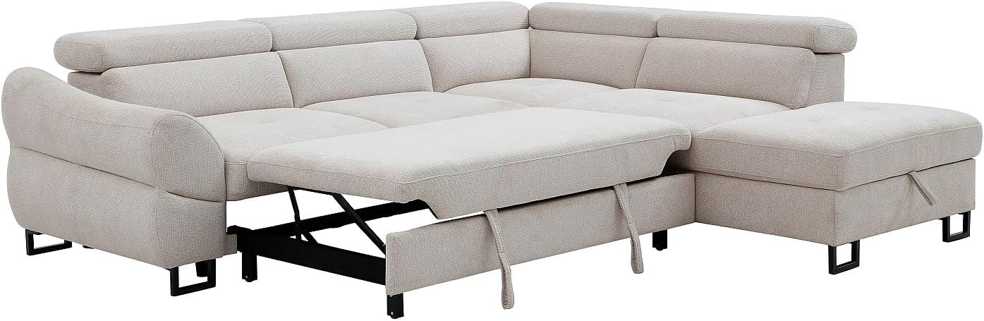 Vente-unique-Ecksofa mit Schlaffunktion – Ecke rechts – Strukturstoff Beige – VAVERDO