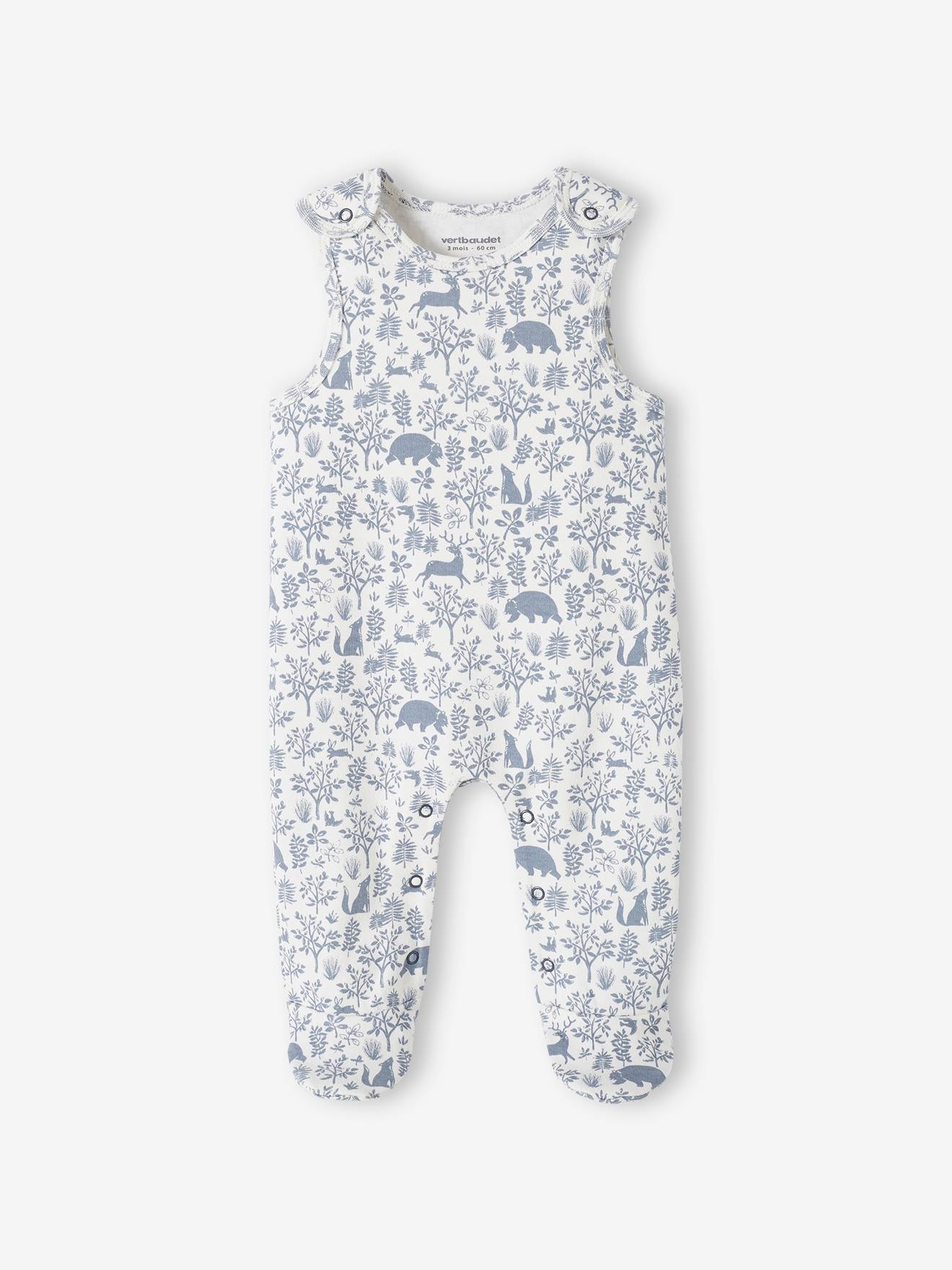 Conjunto de 3 peças para recém-nascido: macacão + body + manta de algodão orgânico na cor jeans azul.