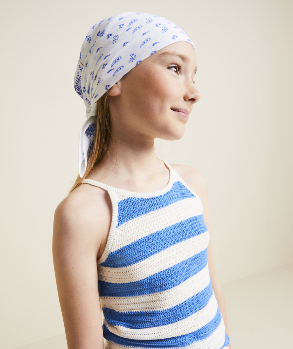 débardeur tricot fille en coton bio rayé bleu et blanc