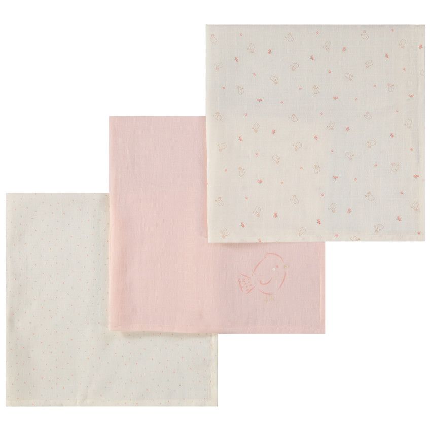 Lot de 3 langes fantaisie en tetra pour bébé fille - Ecru