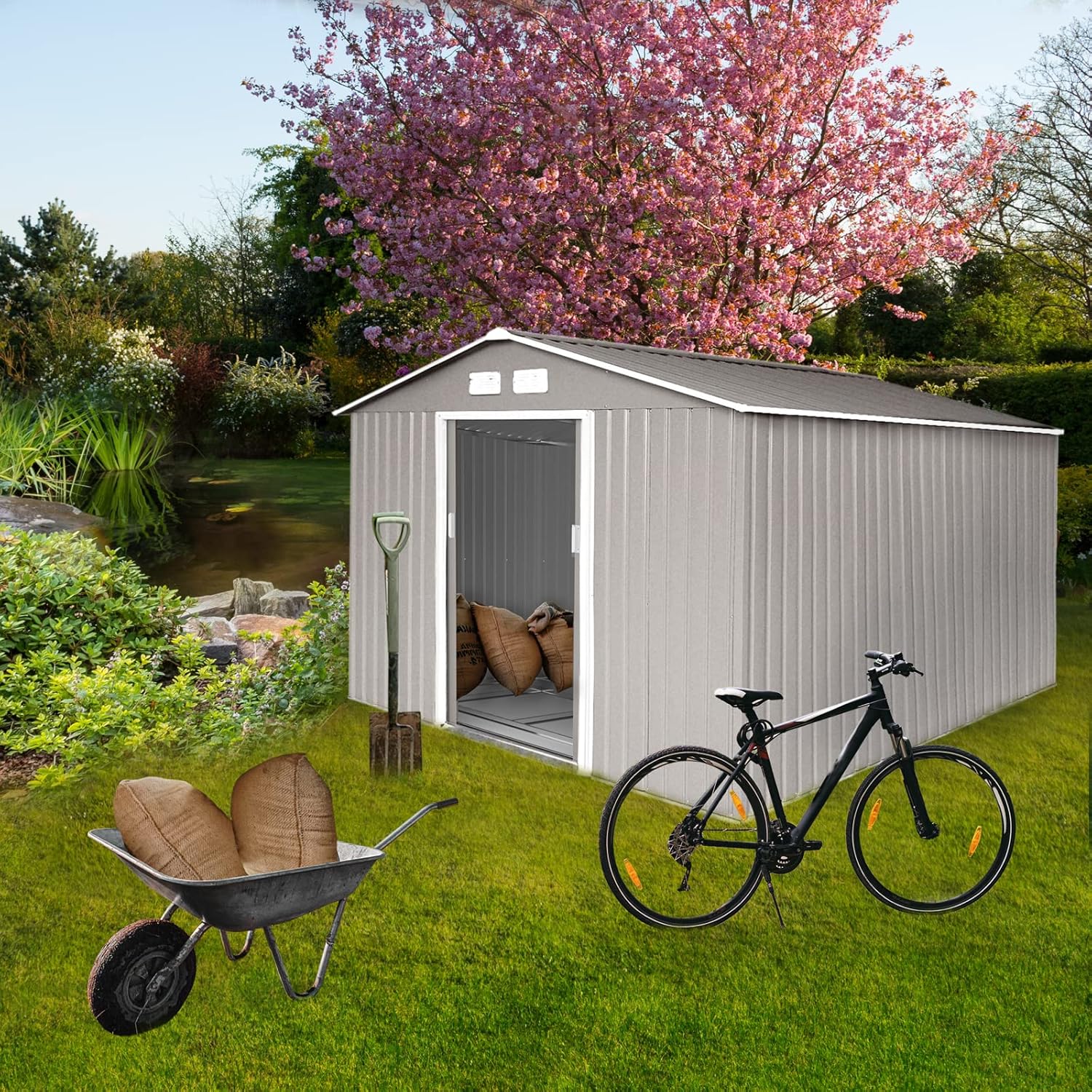 S300 Metall Gerätehaus XXXL 277x319x192cm Geräteschuppen Garten Schuppen Gartenhaus Satteldach Hellgrau