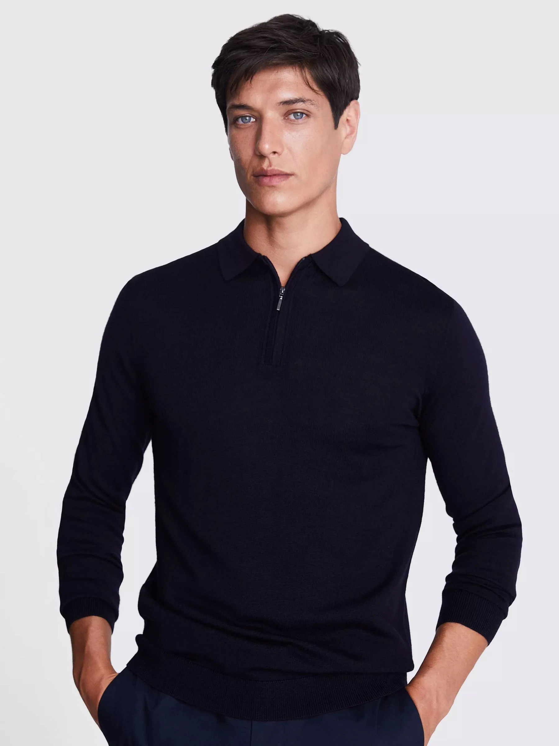 Blauw - MOSS poloshirt van merinowolmix met korte rits