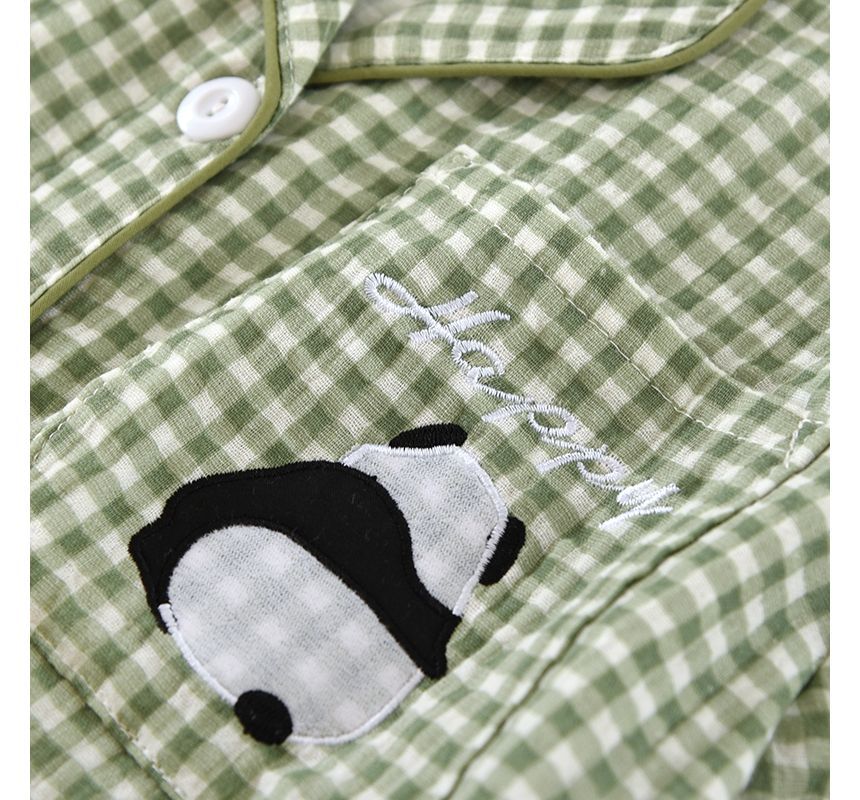 Dogini - Pyjamaset: overhemd met korte mouwen, ruitmotief en panda-borduursel, knopen en korte broek