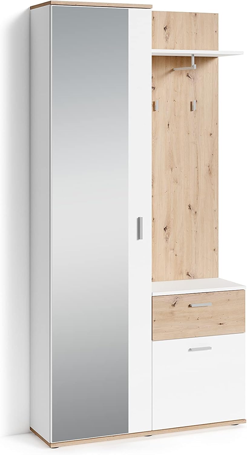 byLIVING Kompakt-Garderobe Jakob/Korpus in Artisan Eichen-Optik/Schubladen-Front in weiß/Garderobe mit großer Spiegeltür/Fest montiertes Set/Kommode/Schuh-Schrank/B 97, H 195, T 30 cm