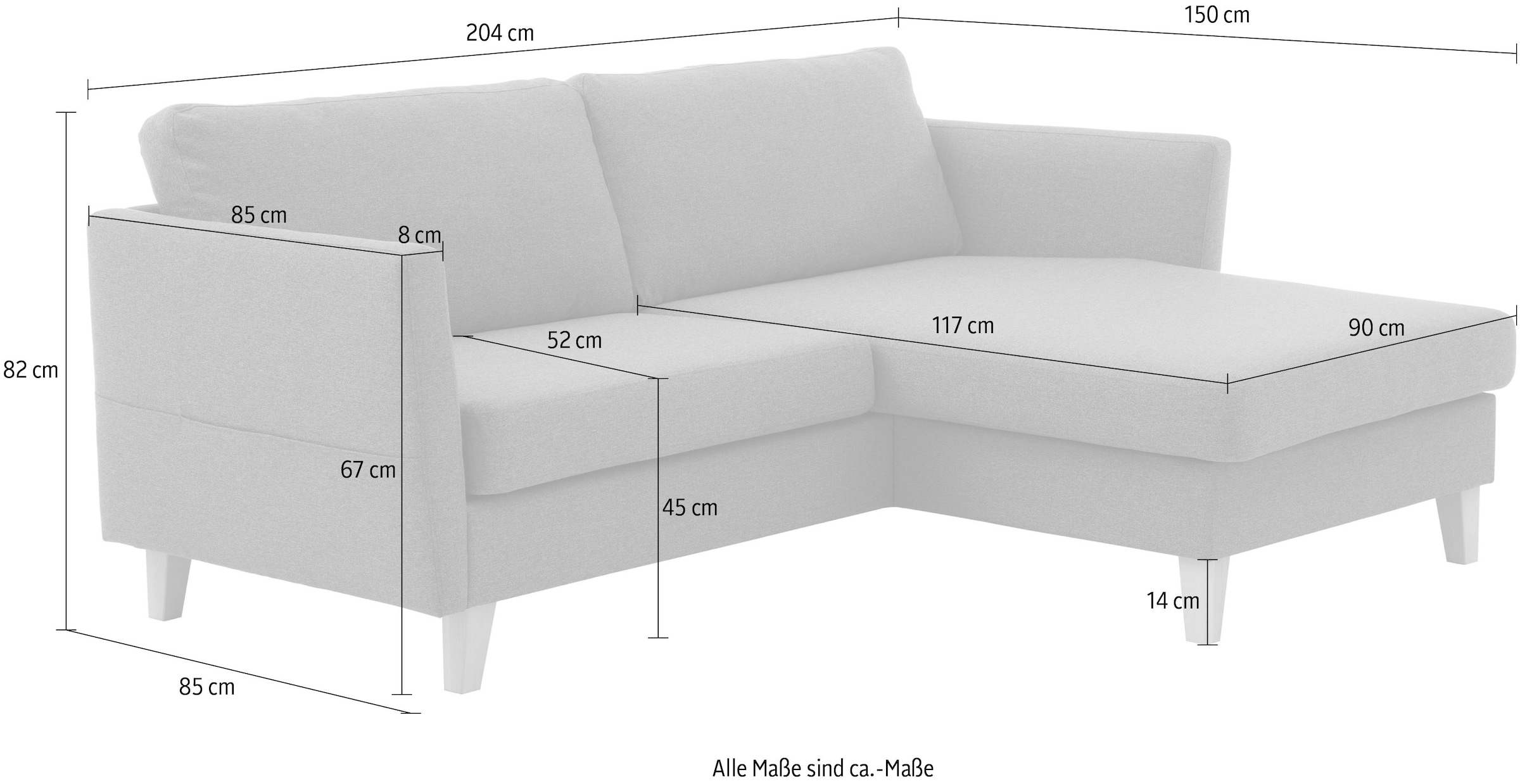 ATLANTIC home collection Ecksofa »Mailo L-Form« mit Seitentaschen, Recamiere beidseitig montierbar, Massivholzfüsse