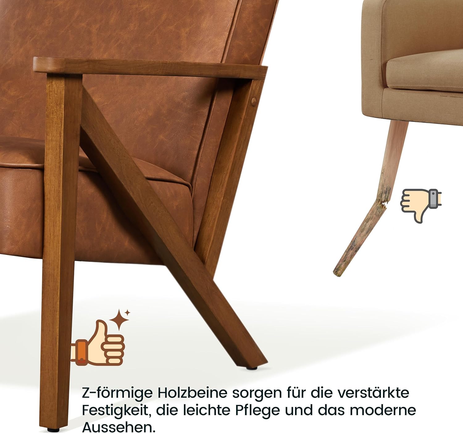 Yaheetech Loungesessel Sessel Vintage Relaxsessel Kunstleder mit Massivholzbeinen Einzelsofa für Wohnzimmer/Schlafzimmer/Empfangsbereich Hellbraun