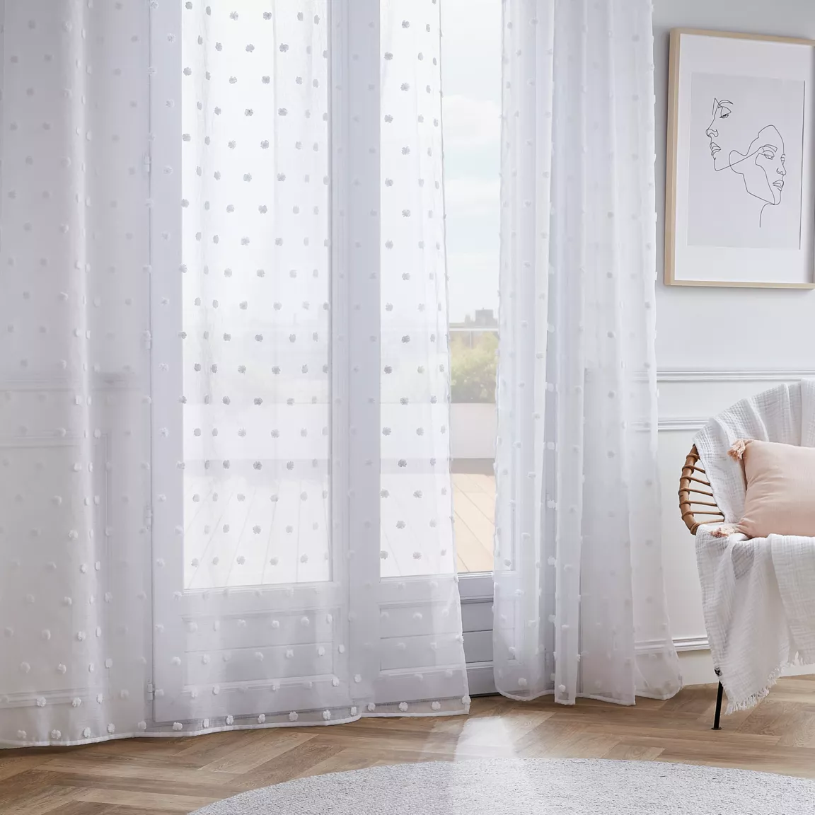 Voilage oeillets pompons (180 x 240 cm) Emie Blanc