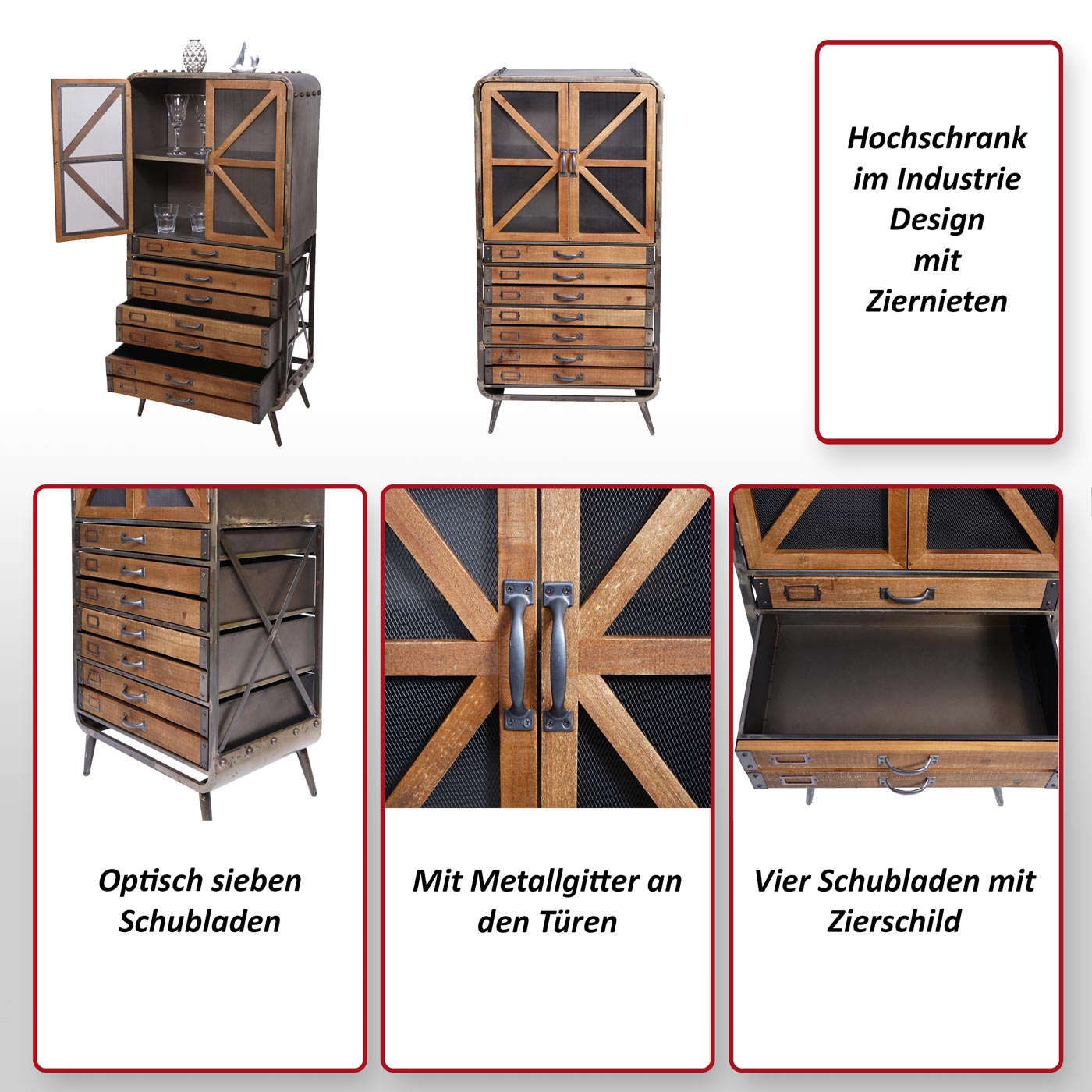 Wohnzimmer-Set MCW-F91, Sideboard Kommode Highboard Hochschrank, Industrial Tanne Holz Metall, braun-schwarz