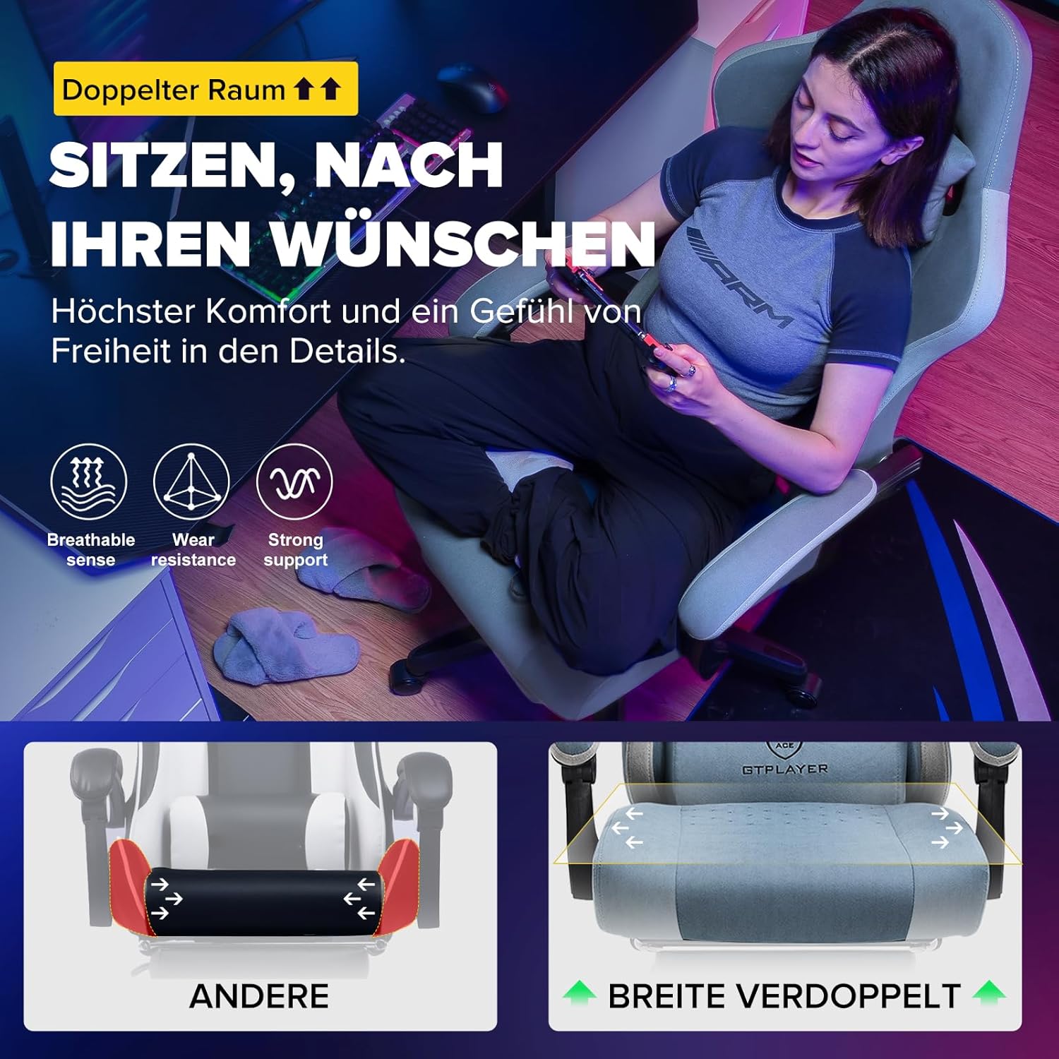 GTPLAYER Gaming Stuhl Ergonomischer Gaming Sessel Schreibtischstuhl mit Stoffoberfläche, Federsitzkissen, Verbindungsarmlehnen und Fußstütze Hellblau