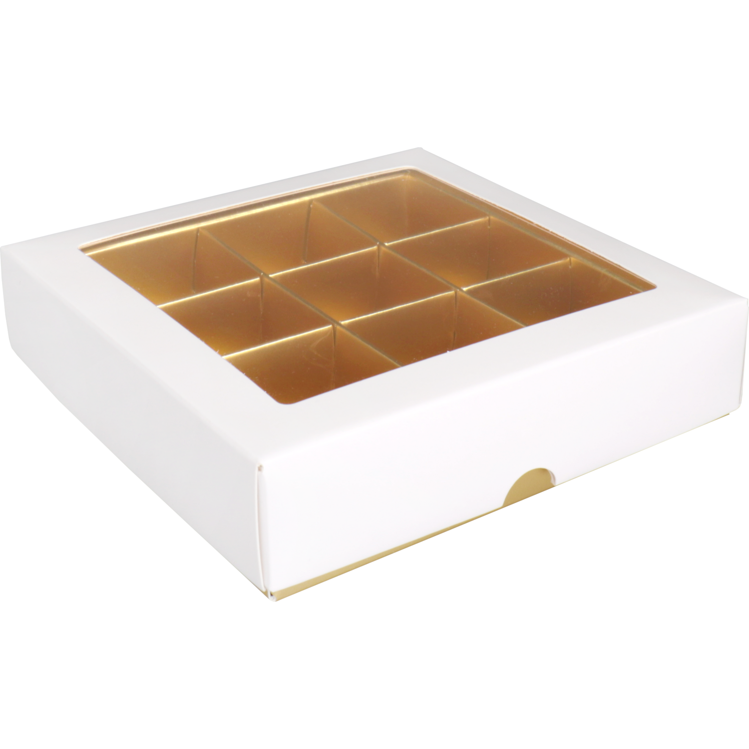 Bonbondoosje, karton + PP, 9-vaks, 105x105x30mm, wit/goud