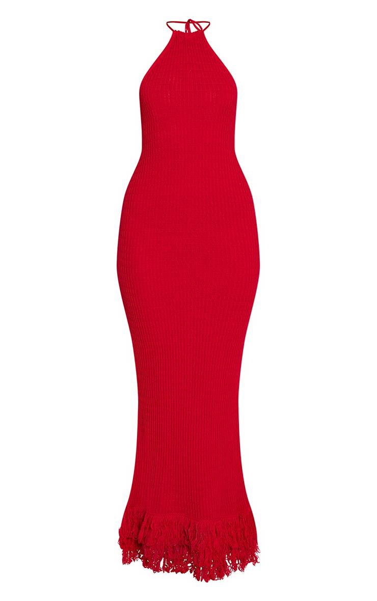 Rouge Robe Maxi En Maille Côtelée À Franges Avec Dos Noué