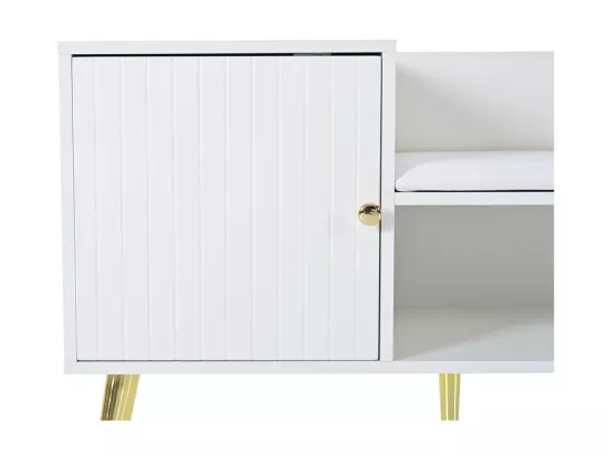 Meuble à chaussures - avec banquette et 2 compartiments - avec poignées et pieds en métal - style moderne - Blanc