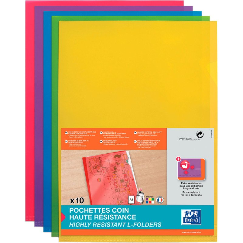 Chemises coin plastique Oxford A4 PVC 15/100e transparente - couleurs assorties acidulées  - Paquet de 10