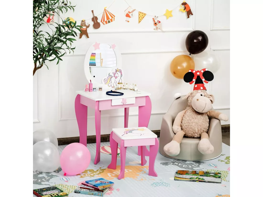 Coiffeuse pour Enfant Table de Maquillage avec Tabouret, Miroir Détachable et 1 Tiroir de Rangement Style Princesse