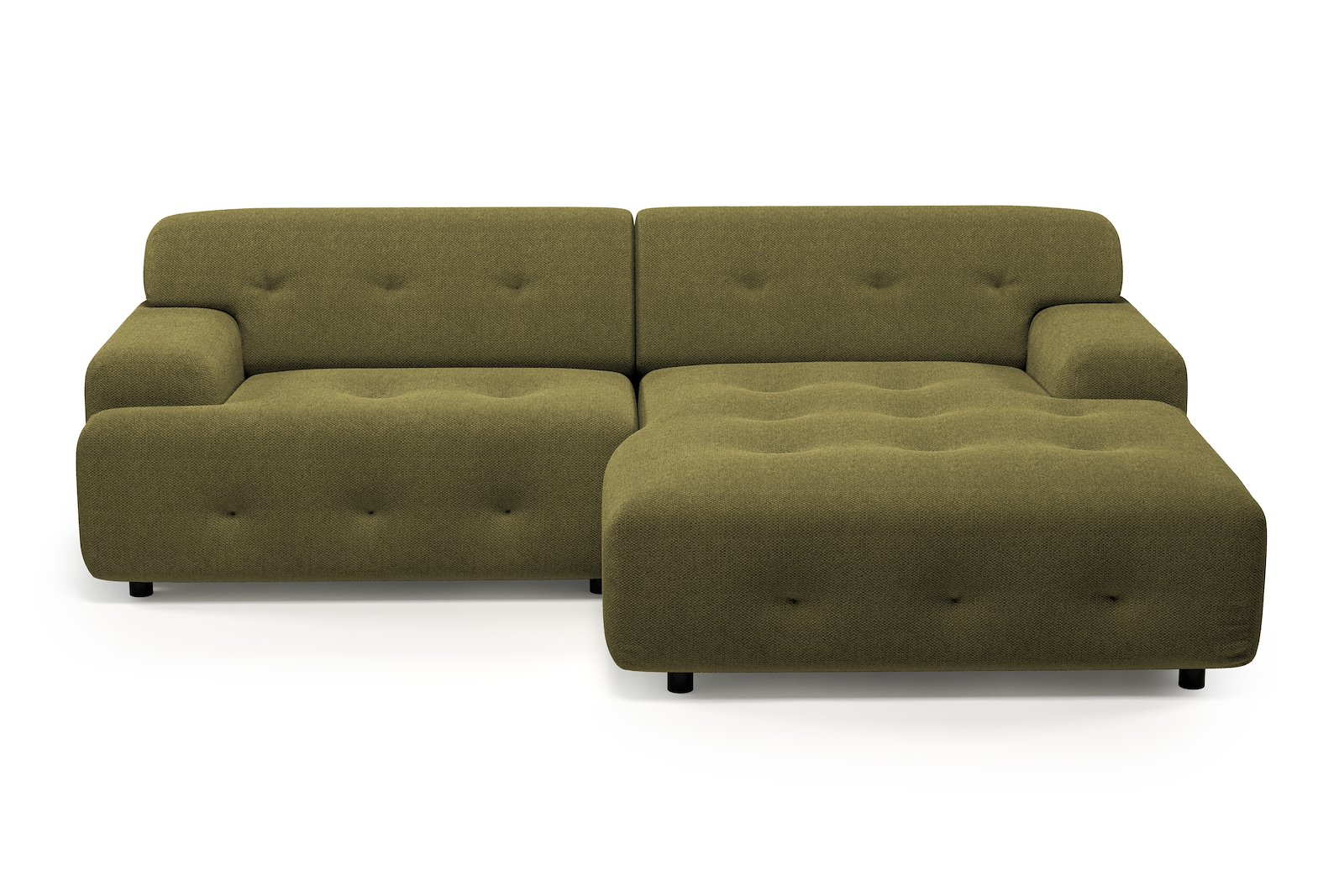 Bob sofa 1,5-seter med sjeselong høyre. Tekstil Mito 88 Moss Green med sorte ben.