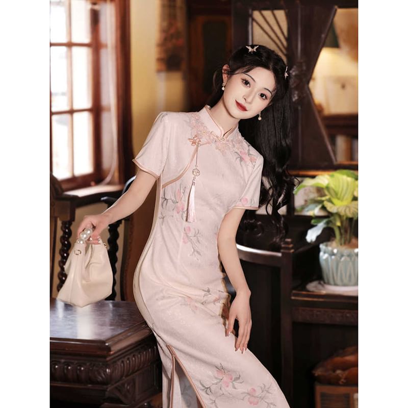 Vensazco - Traditionele Chinese korte mouwen, staande kraag, bloemenprint, kwastje, split, midi-schede, qipao