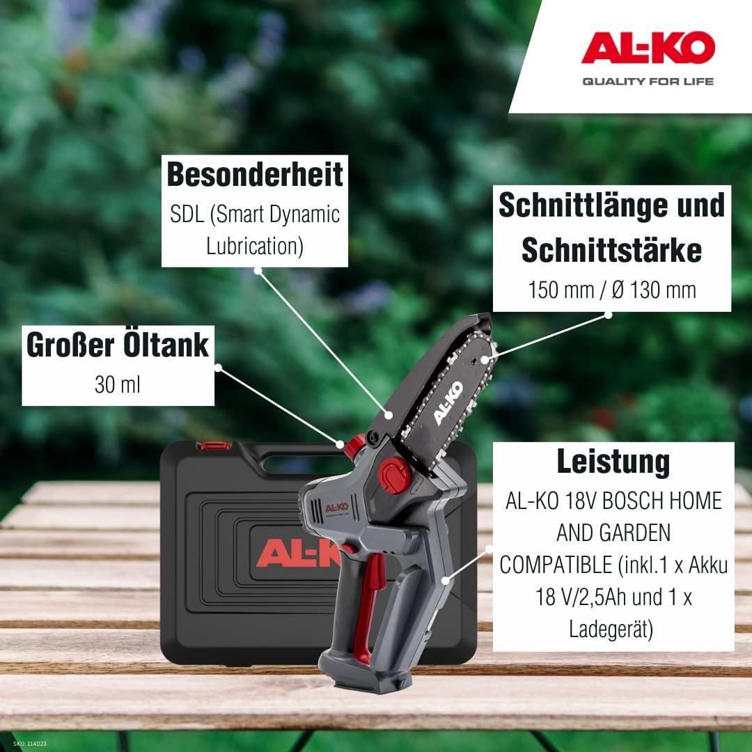 AL-KO Akku-Minikettensäge CSM 1815, 18 V Li-Ion, 15 cm Schnittlänge, Schnittstärke 13 cm, SDL® Smart dynamic lubrication, inkl. Akku, Ladegrät,Tragekoffer und Kettenöl