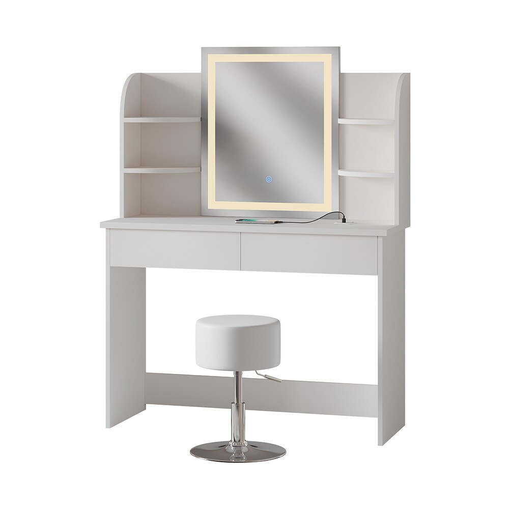 Vicco Schminktisch Charlotte Weiß 106 cm mit LED-Spiegel QI-Ladestation und Hocker
