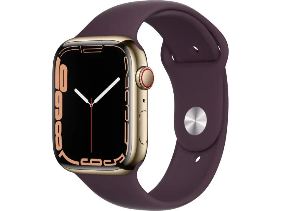 [OUTLET] - Apple Watch Series 7 (GPS   Cellular) - 45 mm - guld rustfrit stål - smart ur med sportsbånd - fluoroelastomer - mørkt kirsebær - båndstørrelse: Almindelig - 32 GB - Wi-Fi, Bluetooth - 4G - 51.5 g