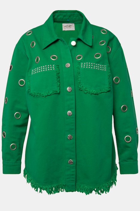 Jeansjacke, Ösen, Fransensaum, Hemdkragen, Langarm
