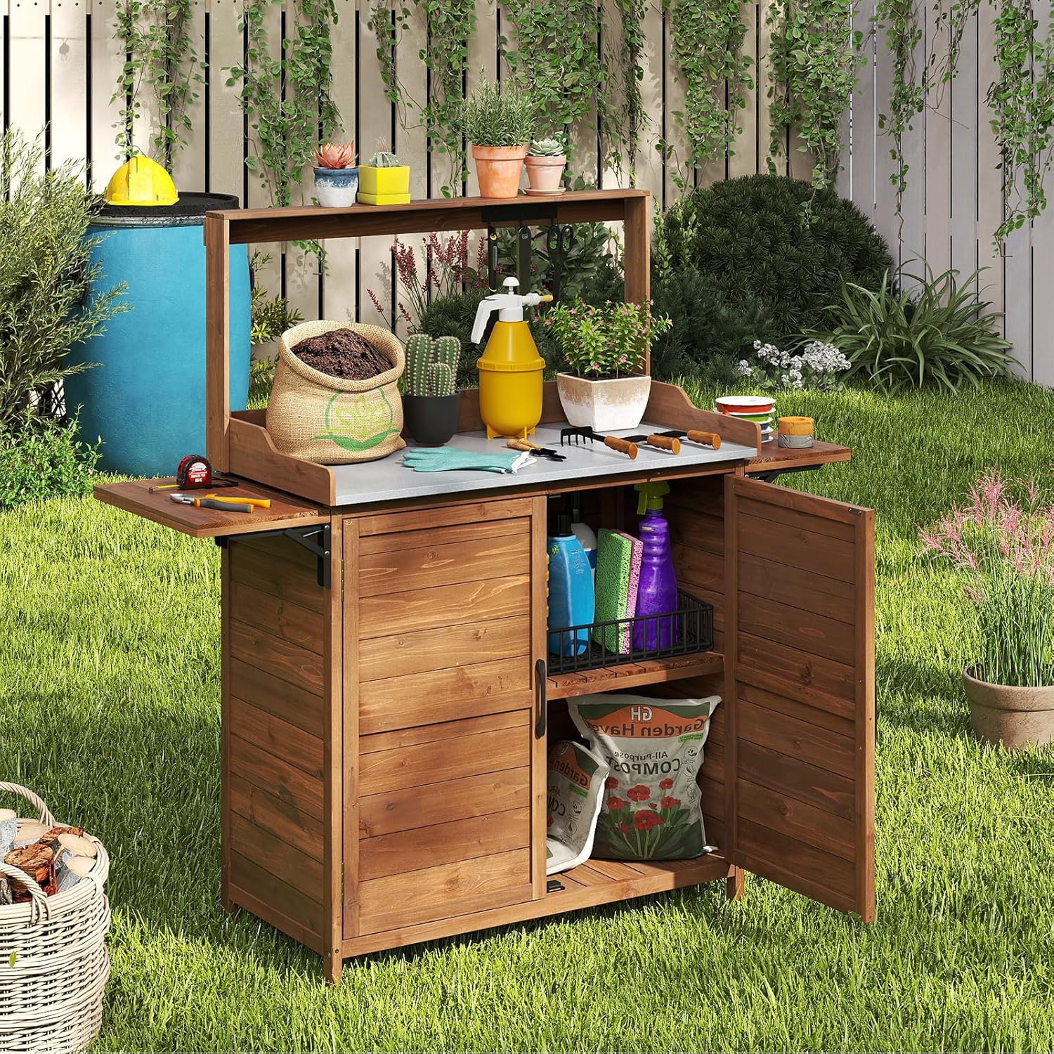 COSTWAY Pflanztisch Outdoor wetterfest, Gärtnertisch Holz, Blumentisch mit Unterschrank & verzinkter Arbeitsplatte & klappbarer Seitentische, Gärtnertisch für Garten Terrasse Hof, 138x47x128cm, Braun