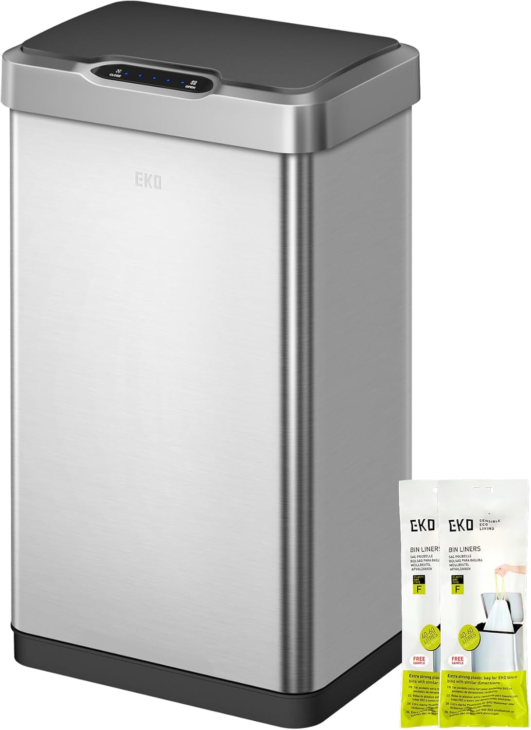 EKO Mirage-T 50L Mülleimer mit Sensor, Automatischer Abfalleimer für die Küche, Rechteckiger Bewegungssensor Mülleimer, Sanft Schließend mit Deckel, Fingerabdruckresistente, Gebürsteter Edelstahl