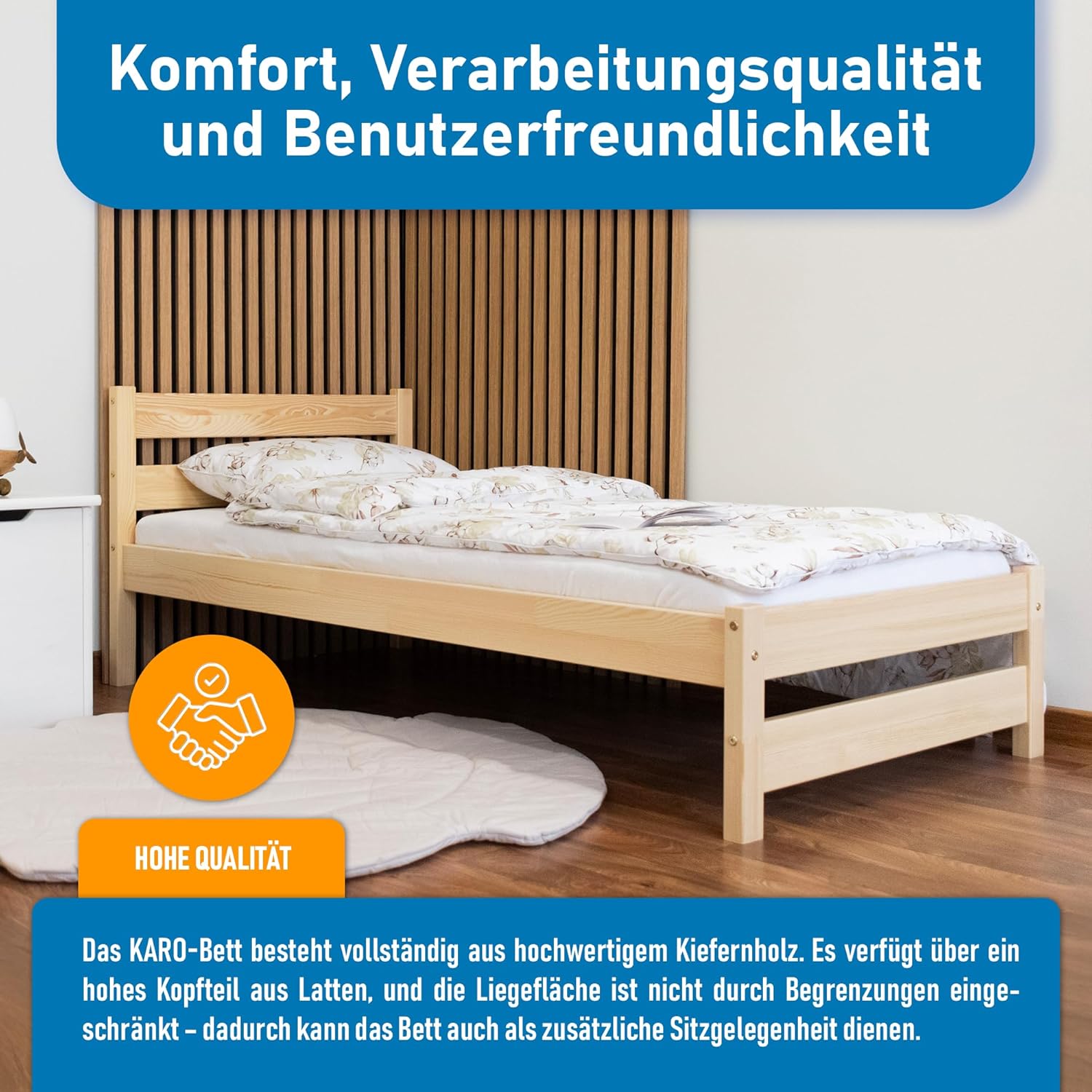 Kinderbett 80x160 cm mit Lattenrost - Einzelbett aus Kiefer Massivholz - Kinder Bett Montessori – Jugendbett Unlackiert – Tagesbett ohne Matratze