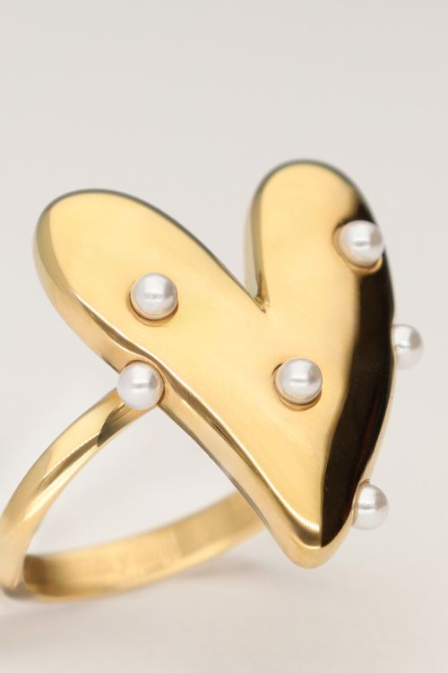 Statement ring met groot hart en parels