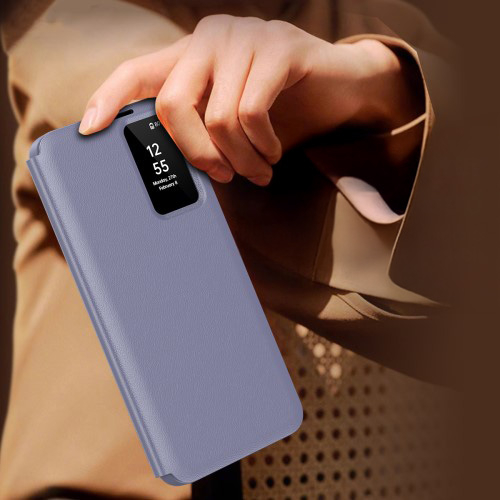 Samsung Galaxy S25 Ultra Leder Hülle Small Window View Flip Case Litchi Look - Lila / Grau