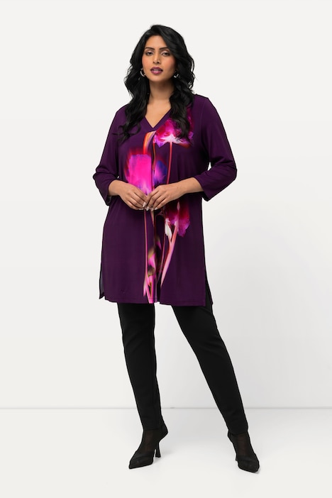 Slinkyshirt, Blüten, A-Linie, V-Ausschnitt, 3/4-Arm