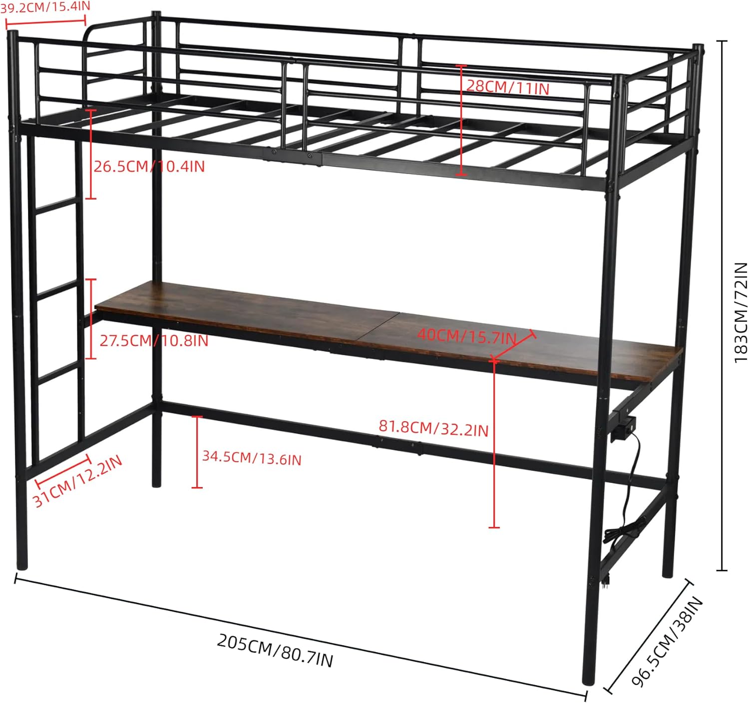 HOMYLIN Kinder-Hochbett aus Metall mit Arbeitszimmer, USB-Ladestation, integrierte Leiter, Hochbett für Kinderzimmer, Jugendliche & Arbeitszimmer, geeignete Matratze 90 x 200 cm, Schwarz