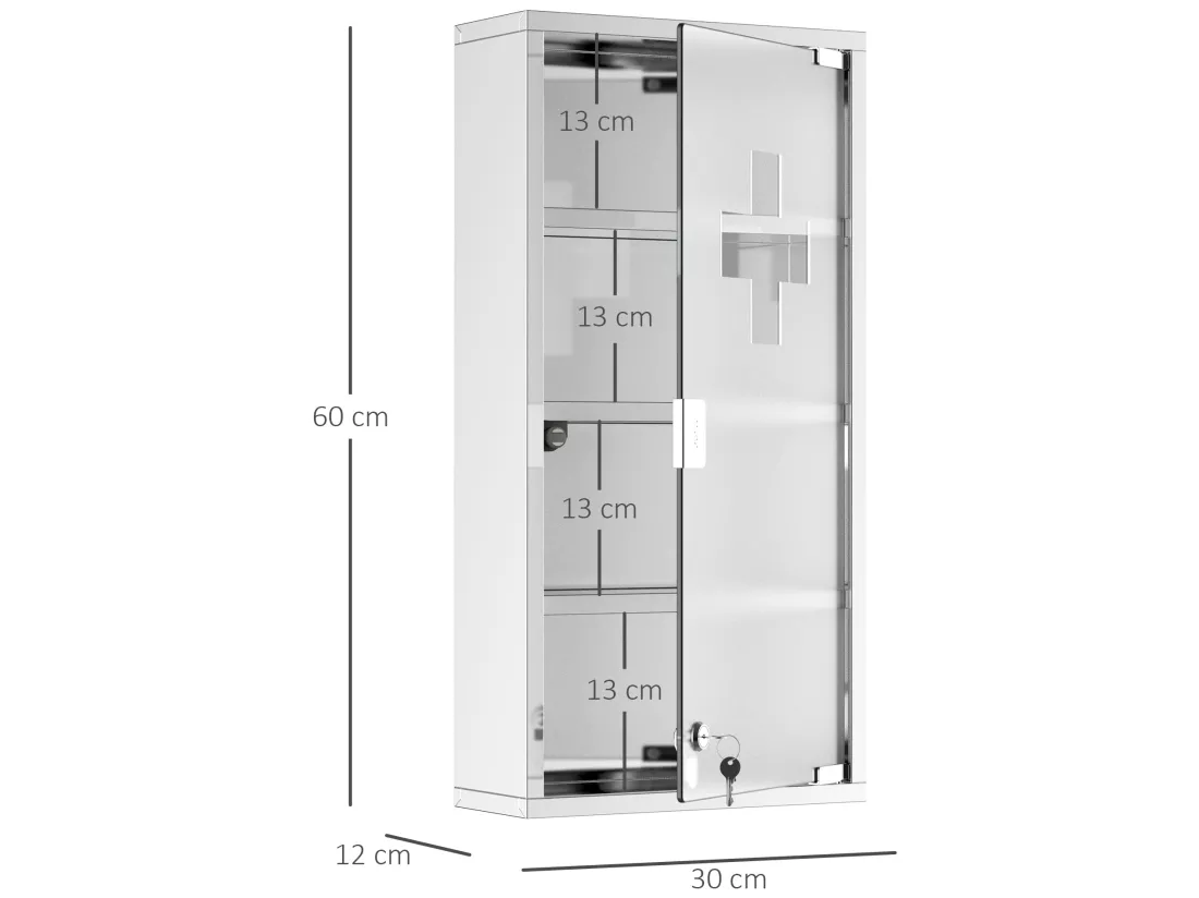 Armoire à pharmacie 3 étagères 4 niveaux 30L x 12l x 60H cm porte verre trempé symbole croix acier inoxydable brossé