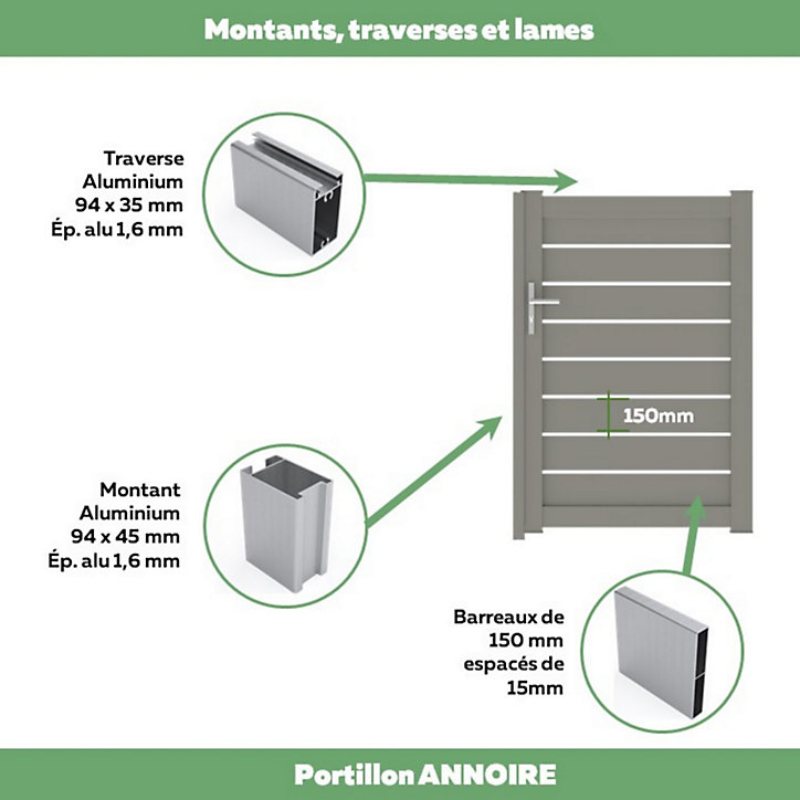 Portillon Jardimat battant aluminium Pyla gris quartz - 100 x h.154 cm