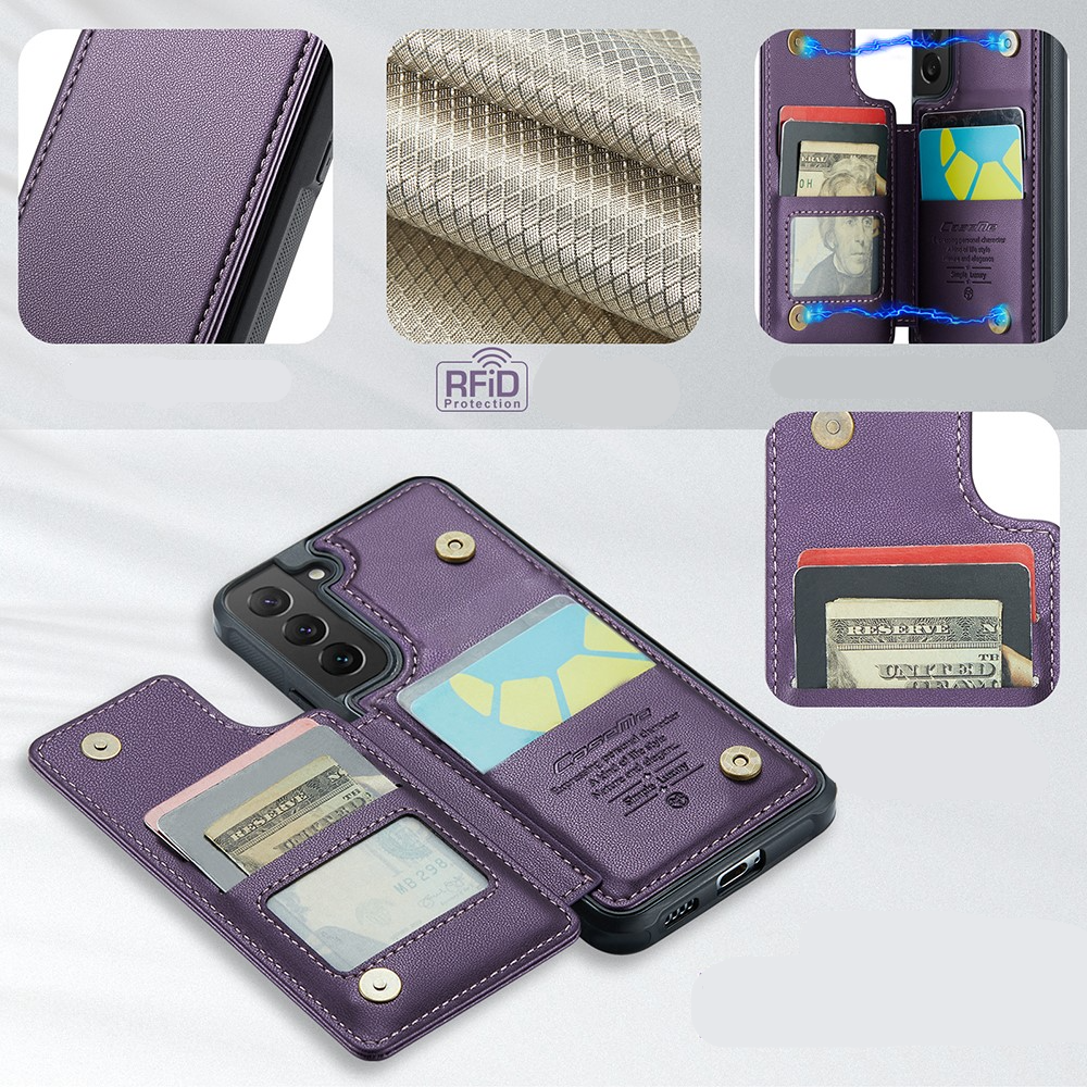 Samsung Galaxy S22 5G Leder Hülle mit Kartenfächern im Litchi Look   Kickstand (RFID Schutz) - Lila