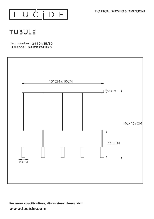 Lucide Tubule 5 cluster hanglamp LED lineair zwart