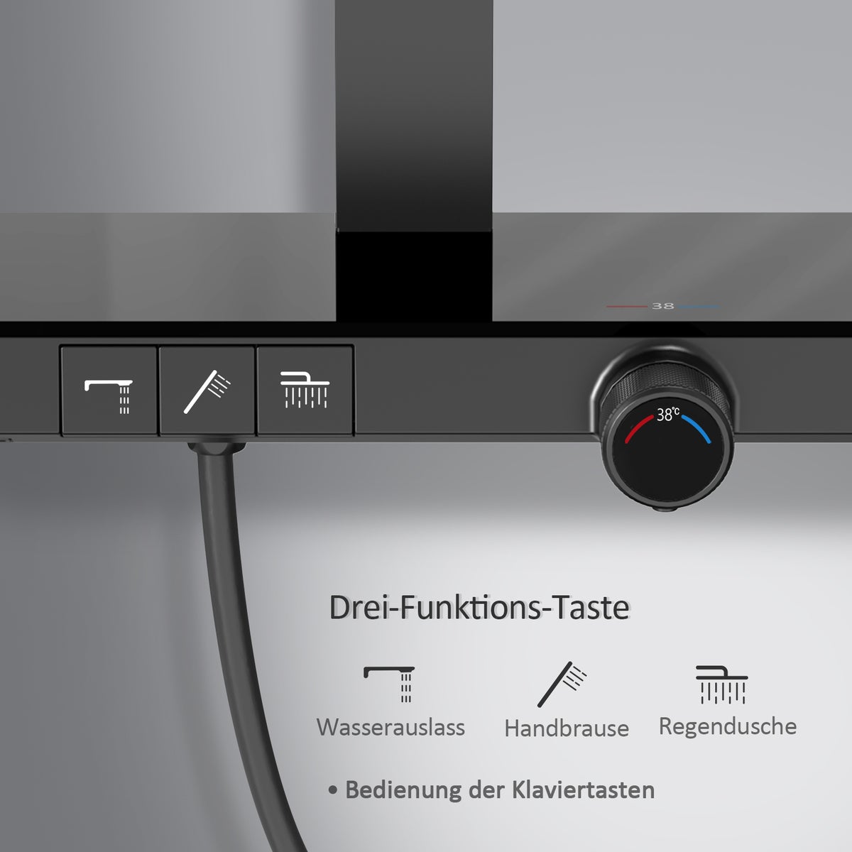 EMKE Douchesysteem Design Doucheset met Thermostaat 38°C, Regendouche, Watervaluitloop, 3 Straalsoorten, Handdouche, Grote Plank, KTW Gecertificeerd, Mat Zwart