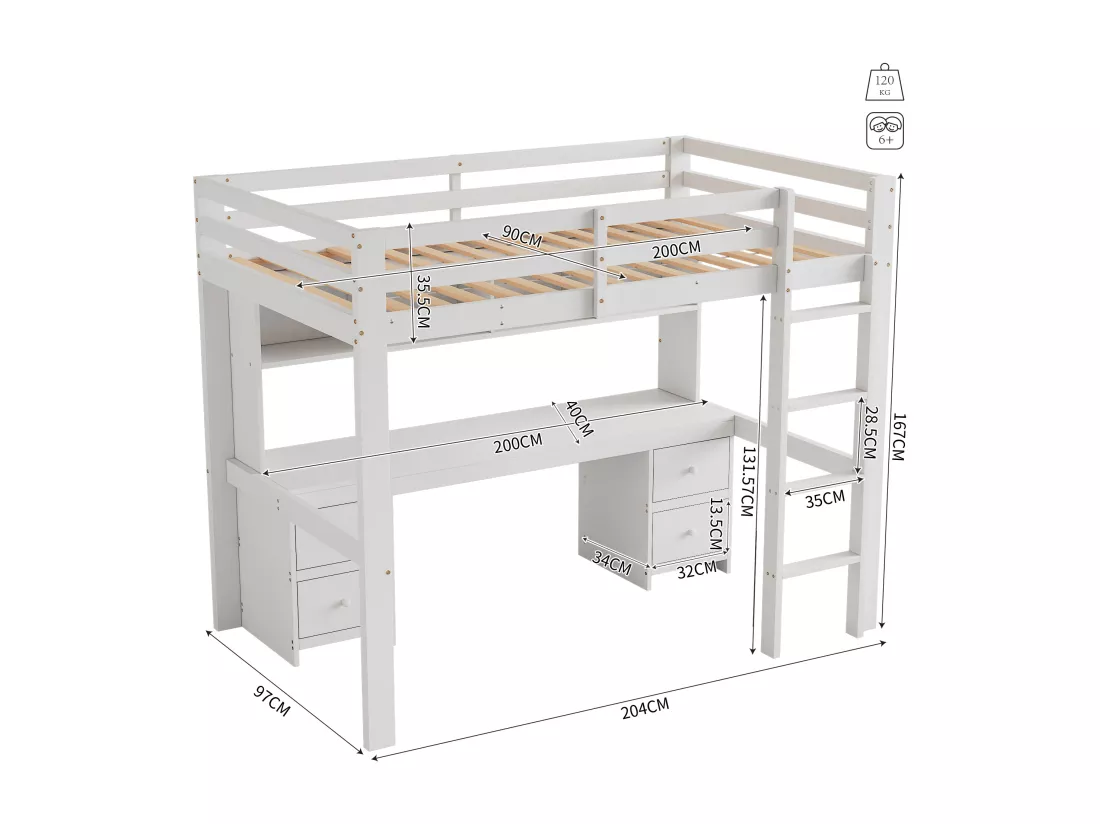 Lit mezzanine 90 x 200 cm avec bureau, bibliothèque, tiroirs et échelle, Bois MDF, Blanc