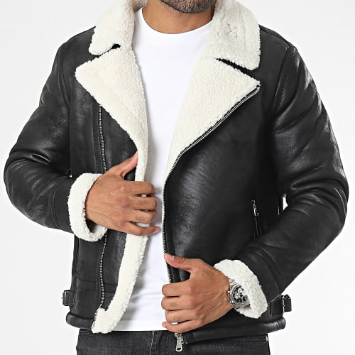Veste Biker Col Mouton Noir