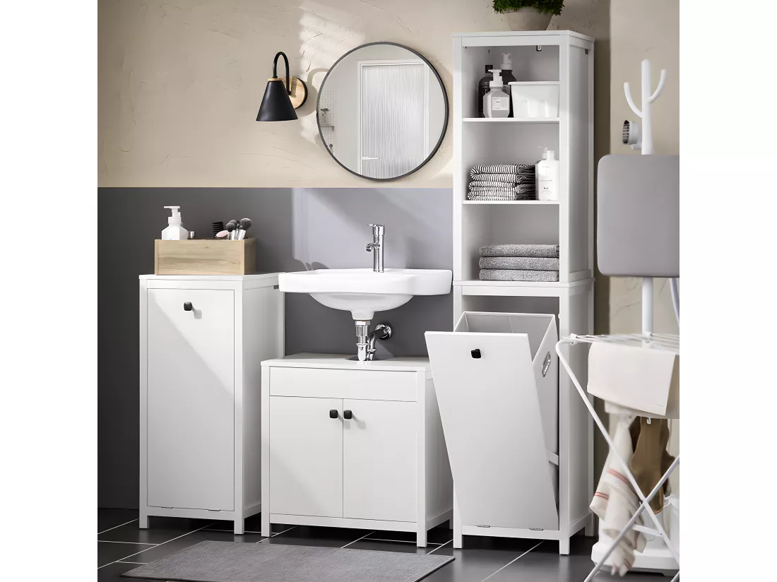SoBuy Meuble Colonne de Salle de Bain, Armoire Haute, Placard de Rangement, Étagère de Rangement avec 1 Panier à Linge et 3 Étagères pour Salle de Bain, 40x35x173cm, Couleur Blanc, BZR95-W