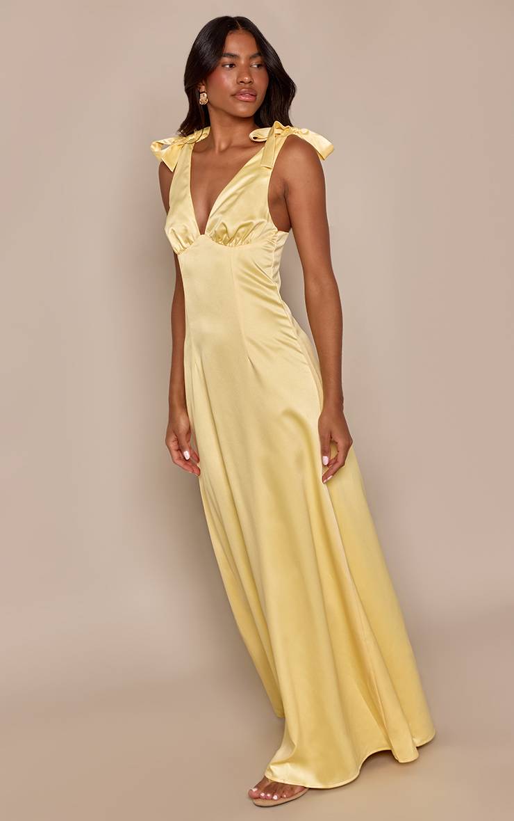 Citron Robe Longue Satinée À Épaules Nouées