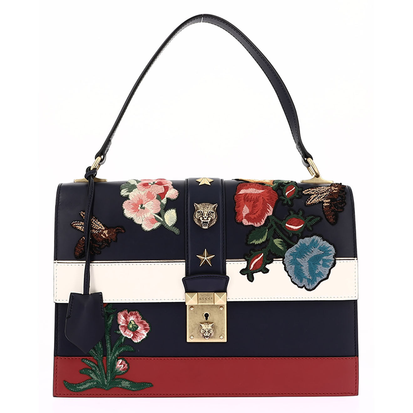 Gucci Sac à main en Cuir Tricolore & Broderies marine - Très bon état - L.30 cm